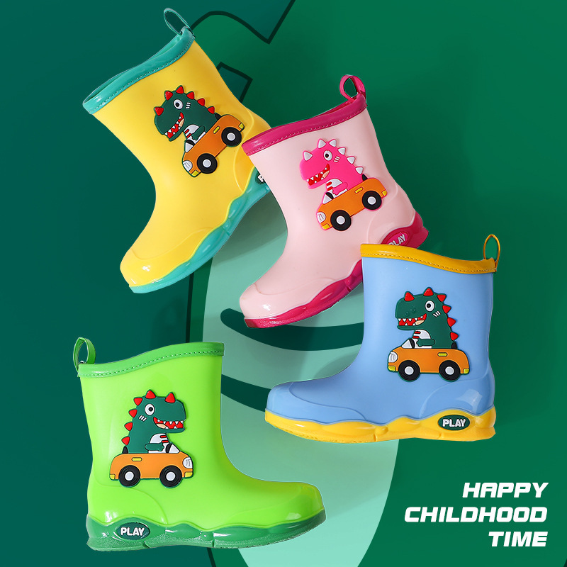 Children's Rain Boots Baby Rain Boots New Cute Cartoon Kidsren's Water Shoes Outdoor Waterproof Anti-Slip Dinosaur Boys and Girls Shoes