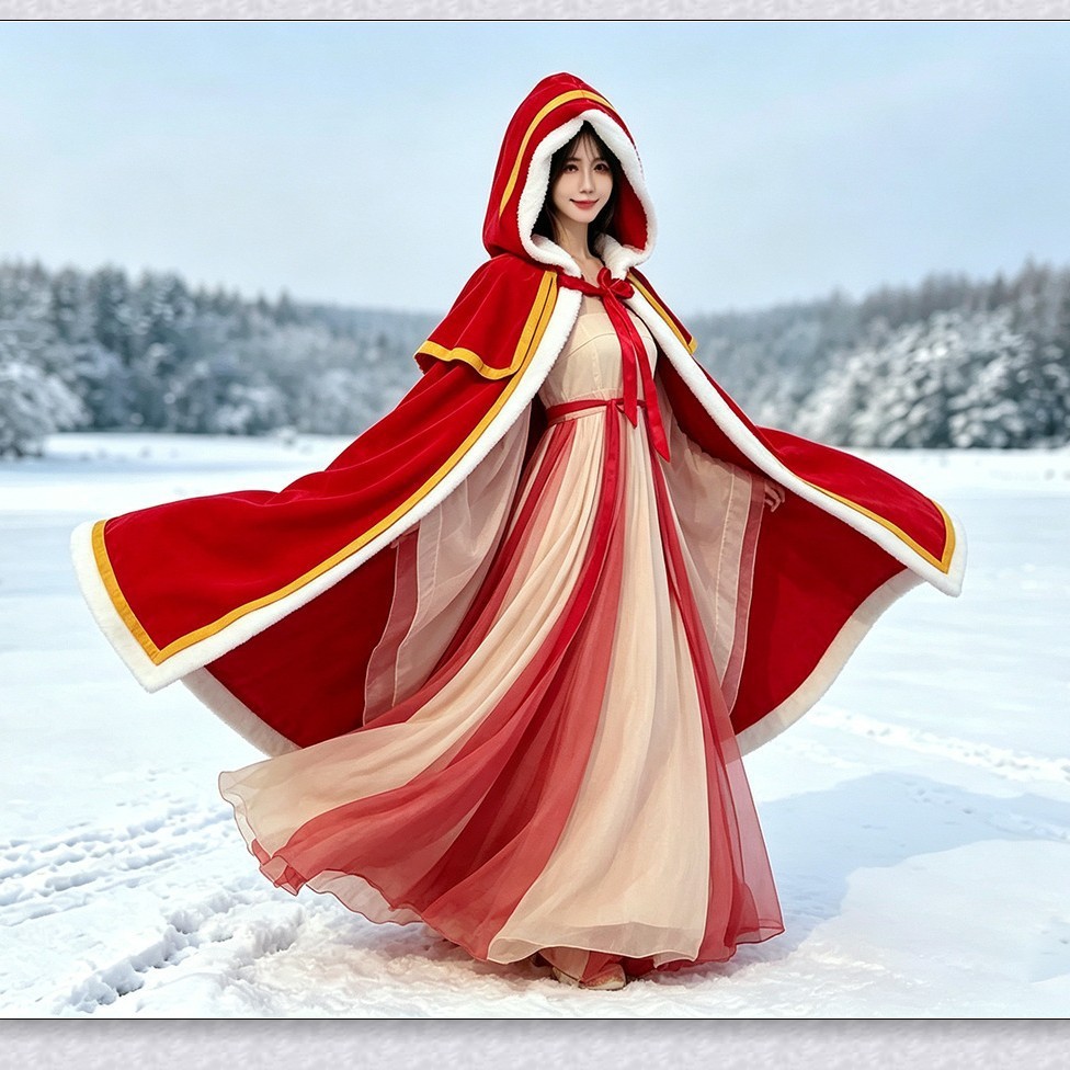 Vintage hooded plush-trimmed velvet cape for women, long lace-up cloak for holiday-themed parties, photo shoots, and cosplay