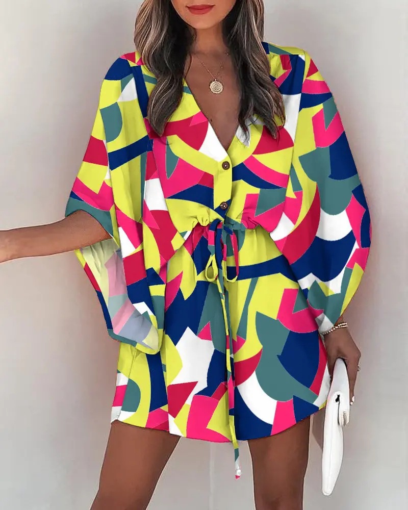 Transfronterizo europeo y americano de verano manga de vuelo Amazon deseo popular con cuello en V con cordones de ocio vestido de vacaciones ropa de mujer