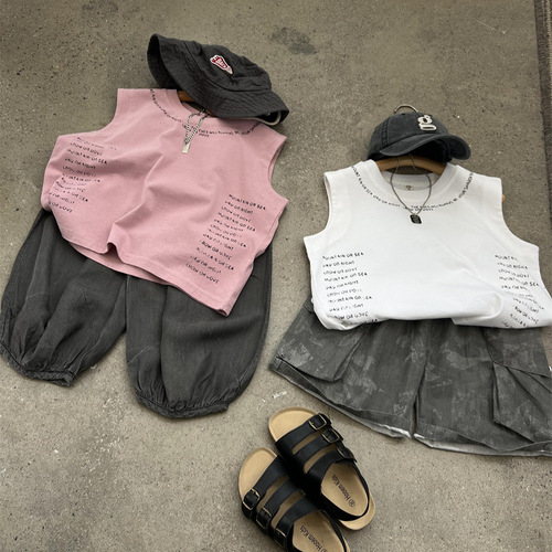 2024 Summer Loose American Letter Tank Top for Boys and Girls, Bright Color Round Neck Trendy Cool No Sleeve Linen Cotton T-Shirt