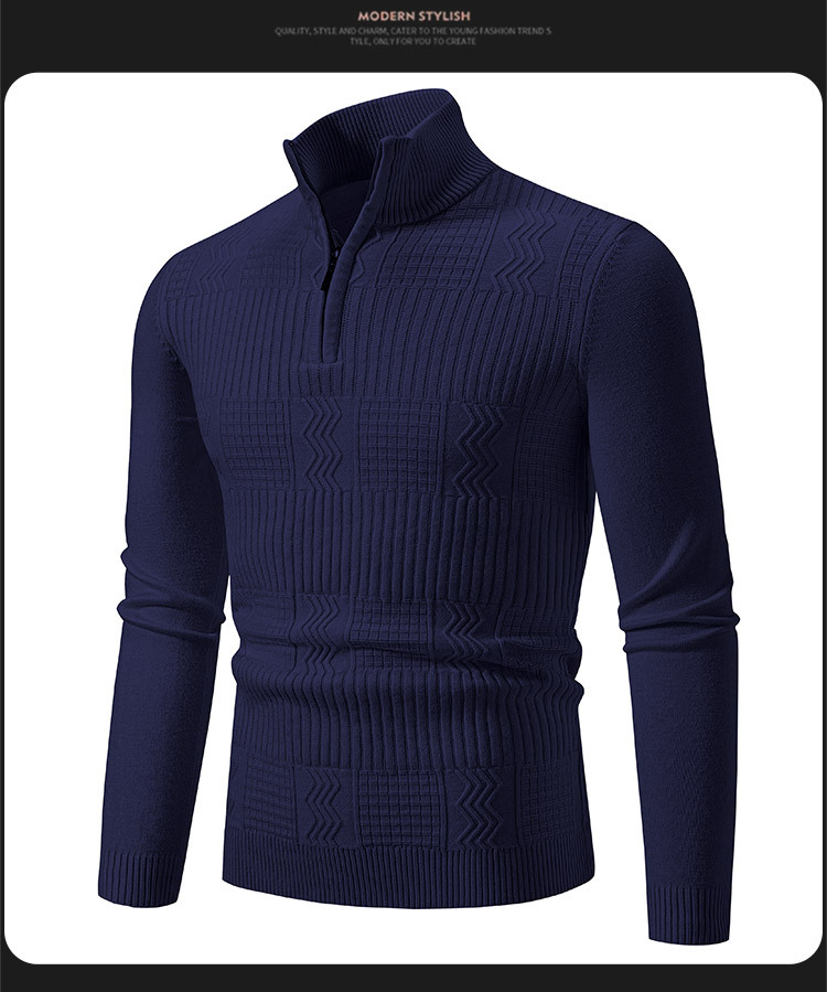 Maglione lavorato a maglia da uomo, maglione lavorato a maglia con zip e collo semi-dolce da uomo, pullover a maniche lunghe, casual, vestibilità slim, strato di base termico_voghion.com