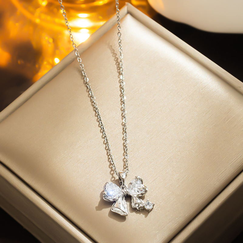 Copper Pendant Material Zircon Inlay Material Pendant Necklace Classification 316 Stainless Steel Chain Material PVD Coated Real Gold Plated Bow Knot Stainless Steel Cute Shiny Waterproof Non Tarnish Pendant Necklace