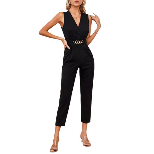 Elegant cross-neck golden chain belt solid color commuting mini sleeveless casual one-piece pants women's pants