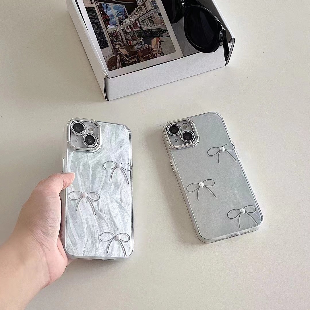 Lazo de perla de hilo de plumas francés para lente de brillo iPhone14 15ProMax funda para teléfono 12 Apple 13