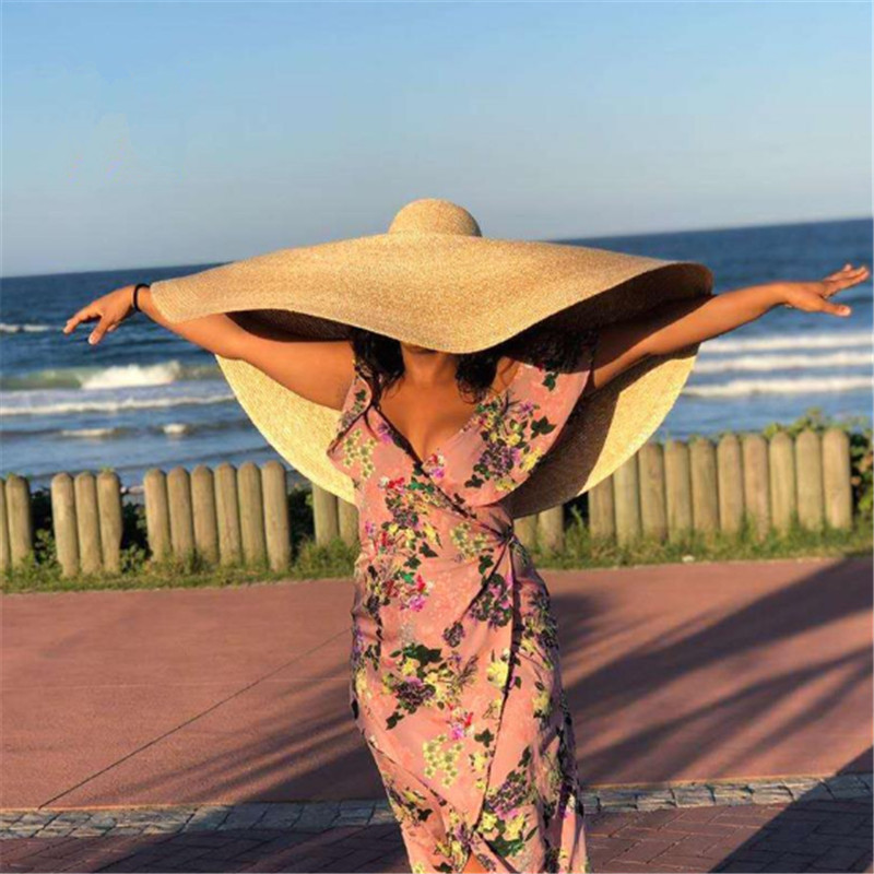 Extra große Strohhüte für Damen, 25 cm, aus Papier gewebt, mit breiter Krempe, ideal für Strand und Urlaub am Meer_voghion.com