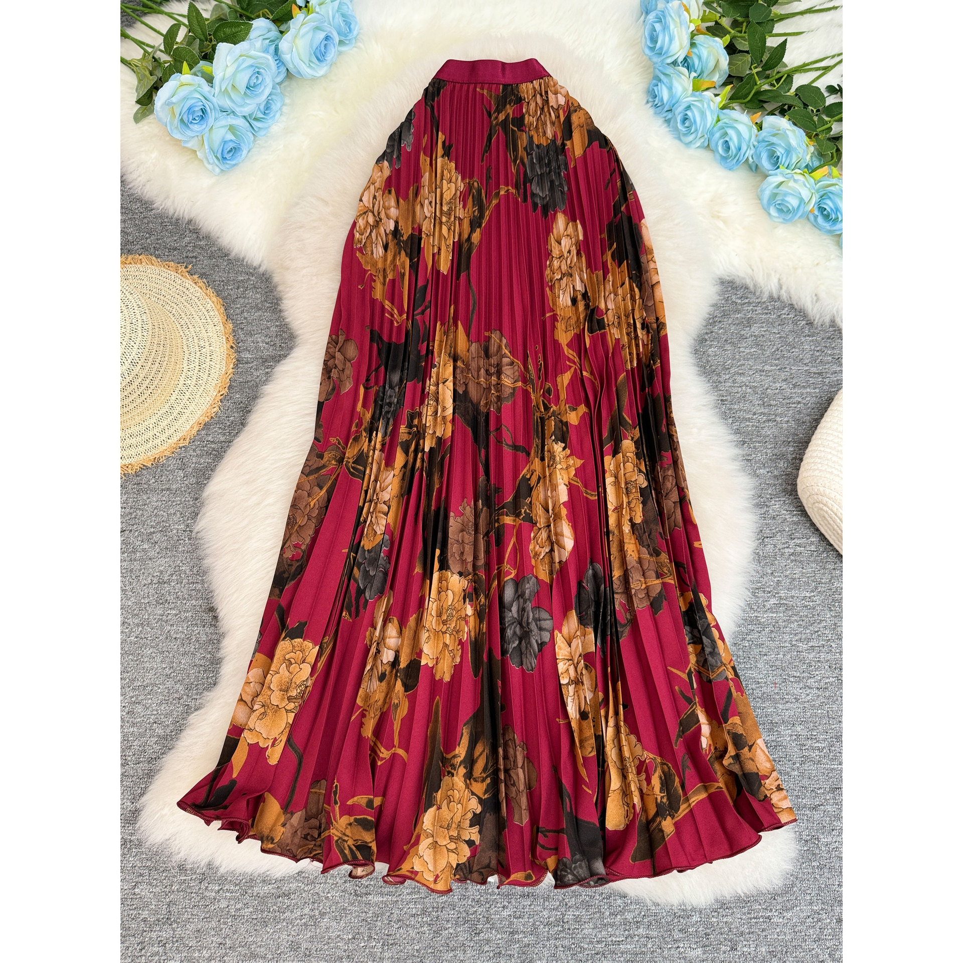 High End Retro Printed Midi Skirt for Women Classic Versatile Sophisticated Pleated A-Line Long Skirt from Europe America South Africa_voghion.com