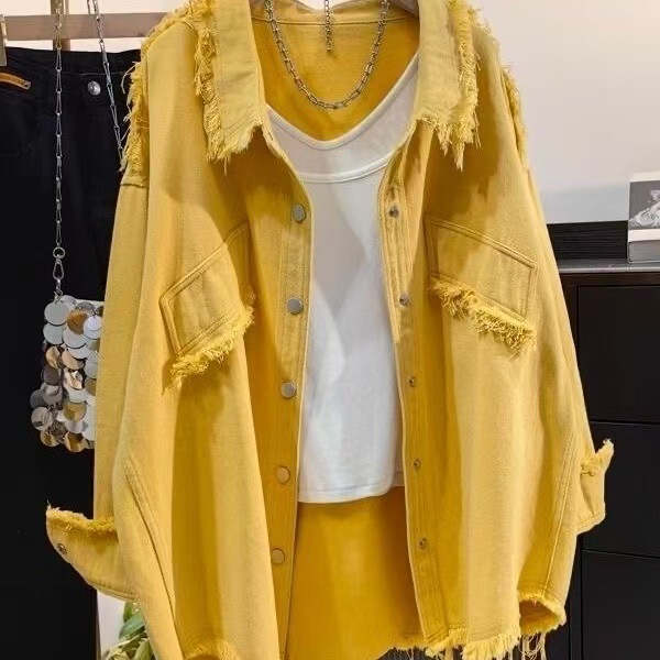 Raw Edge Denim Shirt Jacket for Women 2026 Spring and Autumn New Korean Style Casual Loose Fashion Chic Top Trendy Raw Edge Denim Shirt Jacket for Women 2026 Spring and Autumn New Korean Style Casual Loose Fashion Chic Top Trendy