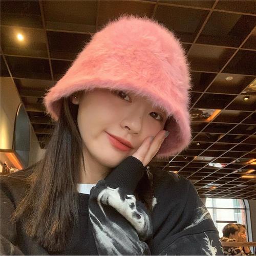 Autumn/Winter Rabbit Hair Water Bucket Hat for Girls, 3D Face-Shaping, Soft and Plush, Versatile and Warm, Fleece Han Style Fisherman Hat