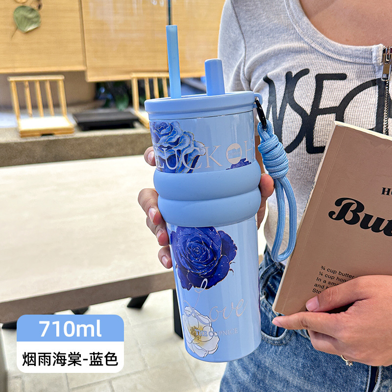 新款繁花保温杯高颜值吸管水杯大容量不锈钢内胆吸管杯批发|undefined