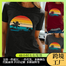 欧美2023亚马逊 新品复古海边印花女士短袖上衣 印花宽松T恤