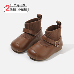 秋季新款女童袜子靴针织拼接短靴软底简约休闲女童鞋子宝宝小皮鞋