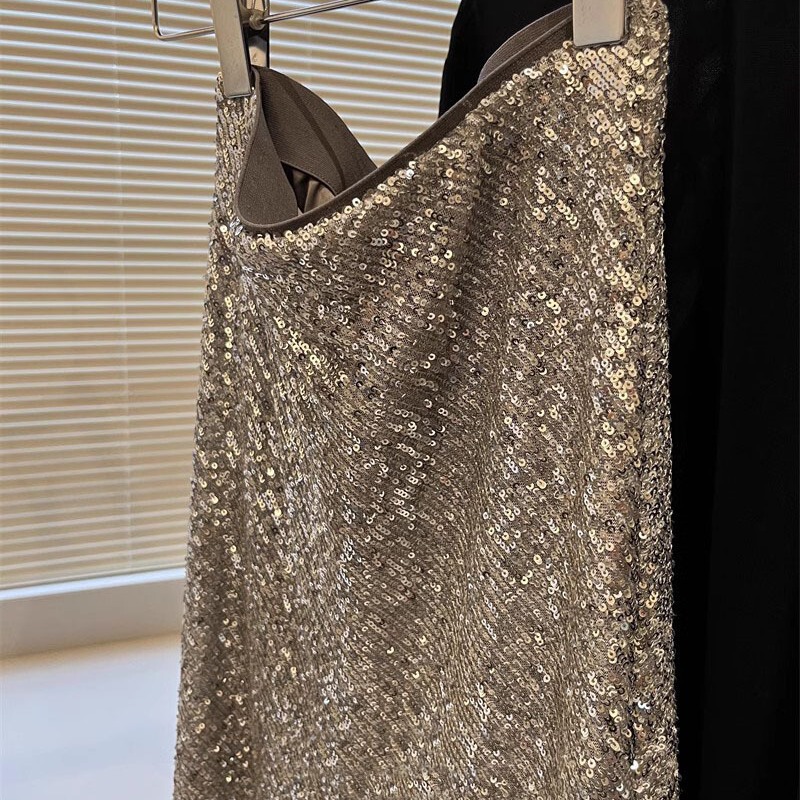 The Galaxy Shining Gorgeous Pearlescent Blingbling Side Slit Elastic Waist Galaxy Gray Sequin Skirt