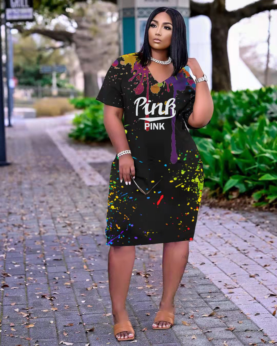 Loose Positioning Splashed Ink Printing Letters V neck Casual Dress