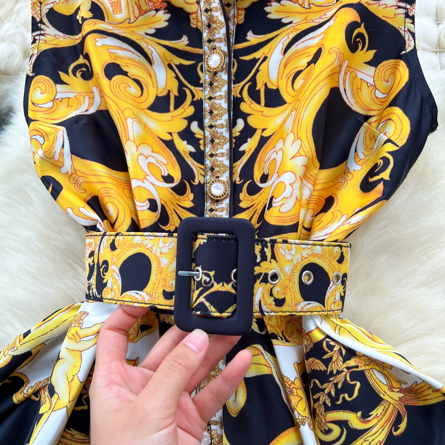Vintage Baroque Print Sleeveless Dress – High Waist A-Line Dress With 3D Floral Embroidery (5 Sizes, Breathable Stretch Fabric)_ecoleips.com