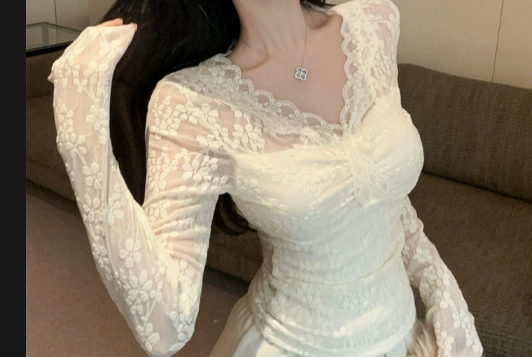 Чистый сексуальный кружевной воротник с полым верхом женский осенний и зимний новый темперамент тонкий с футболкой с длинными рукавами