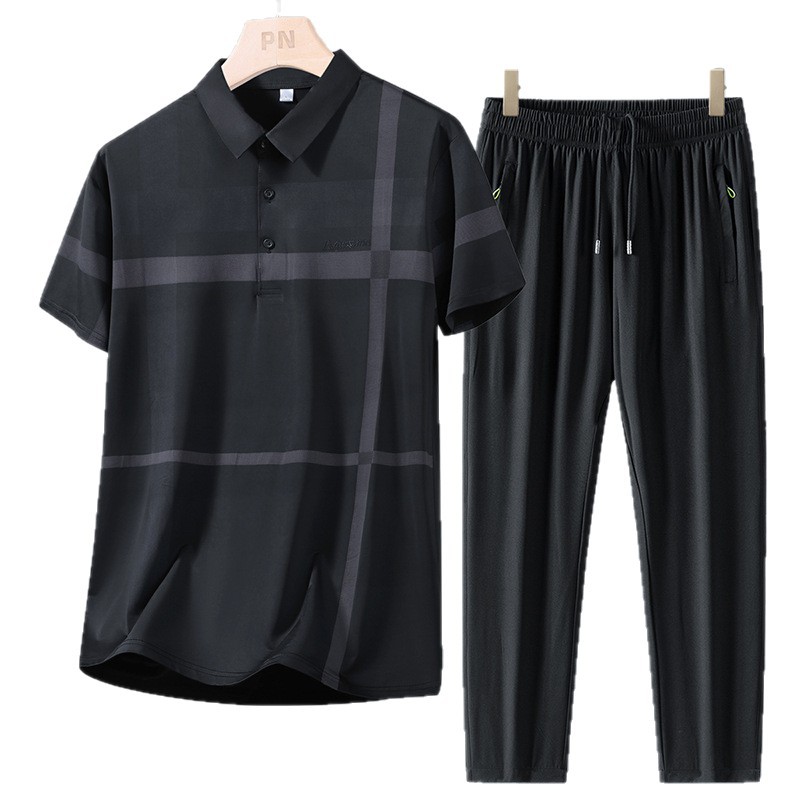 Verano de mediana edad y ancianos traje de polo hombres nuevos pantalones de manga corta de seda de hielo traje de papá suelto casual de dos piezas hombre