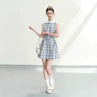 QDQD 韩系学院风蓝色格纹连衣裙收腰显瘦气质千金感无袖A字裙8985