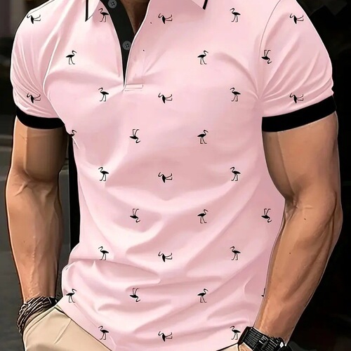Summer new style striped short-sleeved men's blue loose casual 3D printed lapel polo shirt top