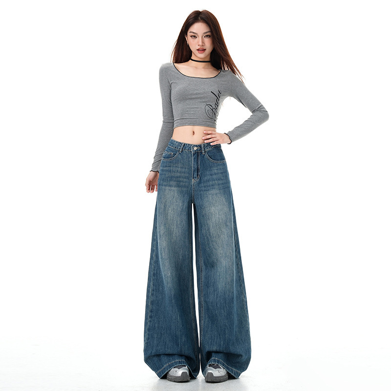 [Lp] Retro Blue Jeans, High Street Design, High Waist, Wide Legs, Flared, Not Tight on the Legs, Slimming Look, Lazy, Loose and Floor-Length