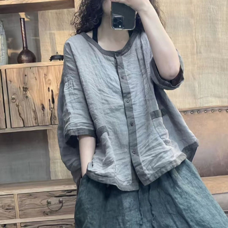 Vintage Versatile Cotton-Linen Round-Neck Shirt for Women, New Summer Loose-Fitting Shirt with Casual Pockets, Washed Color T-Shirt Top Vintage Versatile Cotton-Linen Round-Neck Shirt for Women, New Summer Loose-Fitting Shirt with Casual Pockets, Washed Color T-Shirt Top
