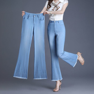 Spring and Summer Thin Tencel Bootcut Jeans, High-Waisted, Flesh-Covering, Knee-Length, Fashionable and Elegant, New Style Flared Pants for Commuting