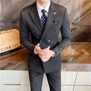 2025 Spring Fashion Men's Casual Suit Double-Breasted Striped Three-Piece Suit Wedding Banquet Foreign Trade Cross-Border