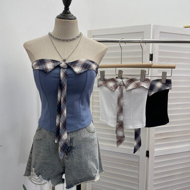 Real Shot of Summer New Retro Plaid Tie Splicing Design Tube Top Slim Short Sleeveless Top 9217