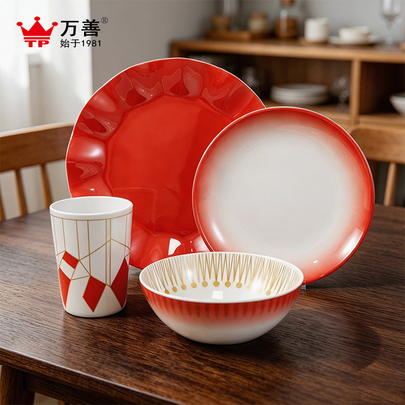 Export foreign trade red gradient melamine tableware set for home, hotel, and commercial use, durable melamine plates, bowls, and dishes Export foreign trade red gradient melamine tableware set for home, hotel, and commercial use, durable melamine plates, bowls, and dishes