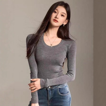 48支扬子精纺100%绵羊毛可机洗无缝U领长袖修身针织百搭打底衫