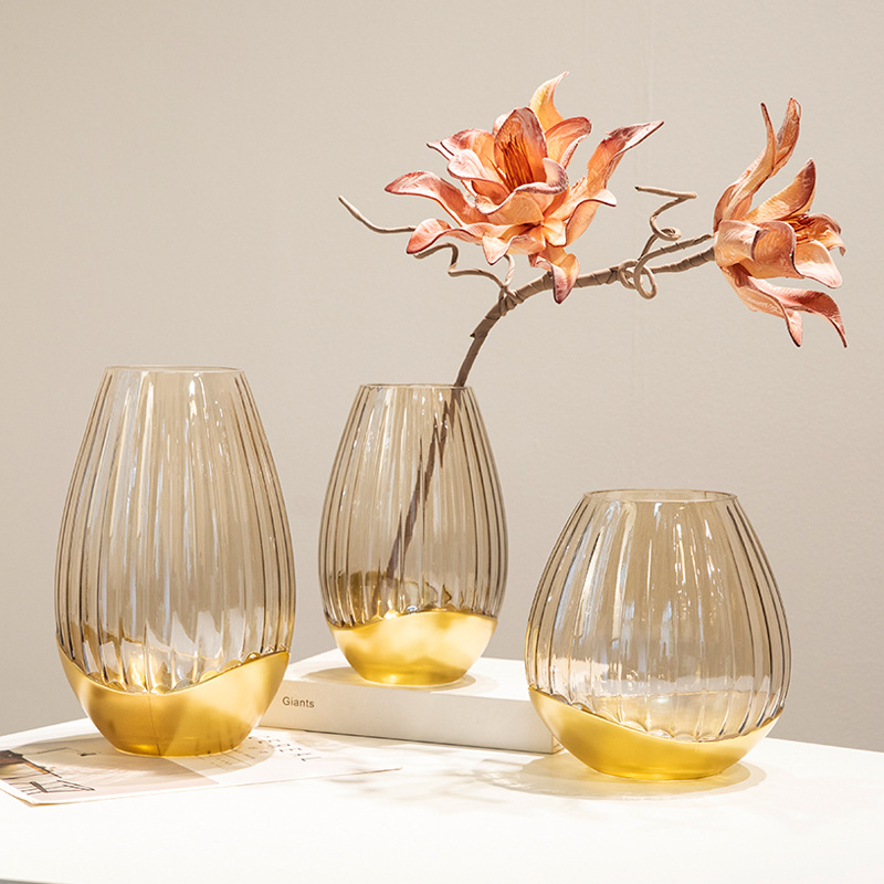 簡約條紋底部鍍金花瓶擺件創意家居裝飾花器桌面可水培花瓶批發