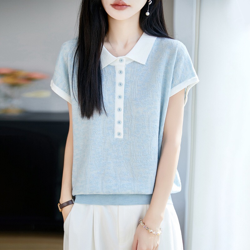 2026 Spring and Summer New Style Worsted Wool Polo Collar Knitwear Short-Sleeved Women's Jacquard Button Loose Top T-Shirt 2026 Spring and Summer New Style Worsted Wool Polo Collar Knitwear Short-Sleeved Women's Jacquard Button Loose Top T-Shirt