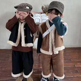 冬韩版童装男女童洋气麂皮绒马甲外套裤子两件套宝宝加绒加厚套装