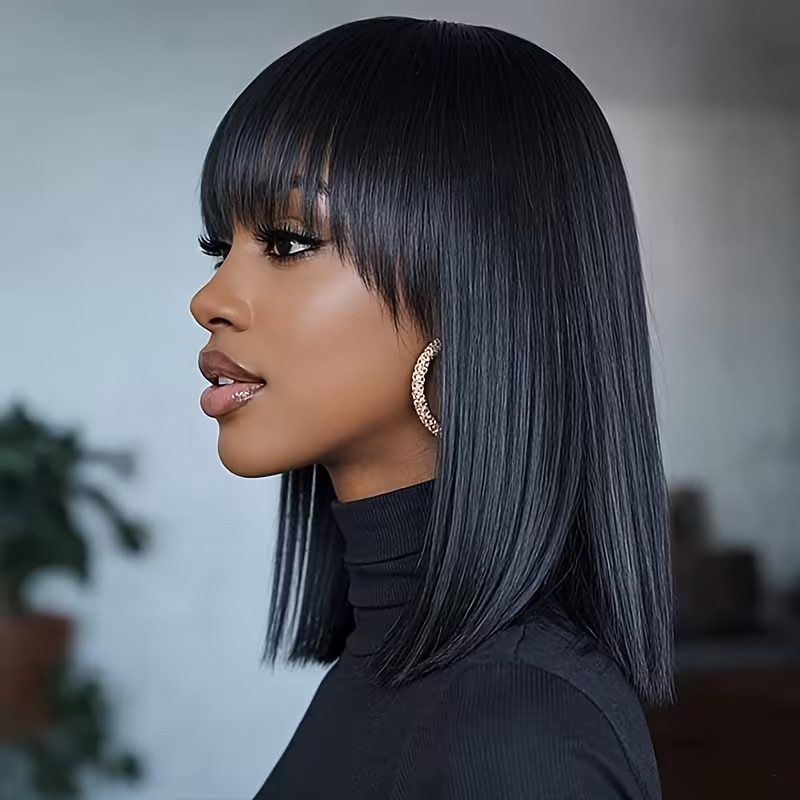 Black BOBO wig with bangs, medium-length straight hair for European and American women, synthetic fiber headpiece, cross-border supply with private labeling