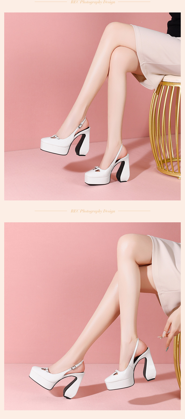 Sandal cao gót nữ mũi vuông đế platform da bò sơn — đen chi tiết 7