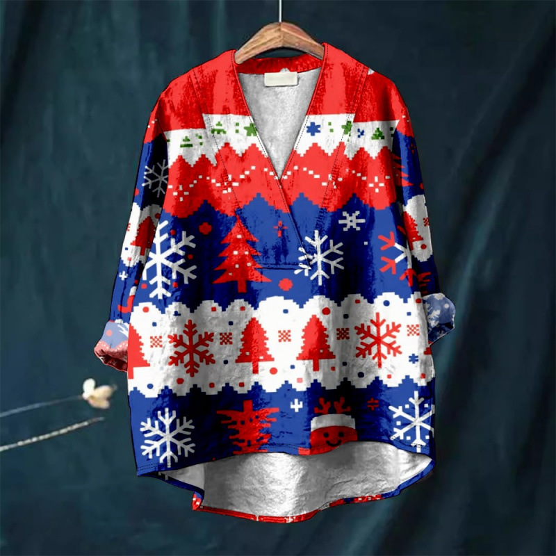 Christmas Print Loose Casual Collar Plus Size Women's Shirt