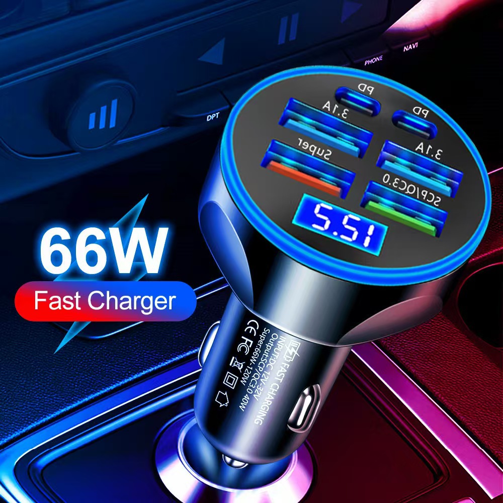 New 6-Port Digital Display Car Charger 66W Fast Charging Six-In-One Super Fast Charging Car Charger Pd Mobile Phone Charging Head