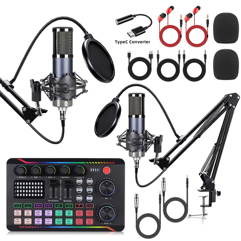 With Typec Dual Microphone F11 Condenser Microphone Sound Card Equipment Live Broadcast Complete Set of Mobile Phone Computer V8S Headphones