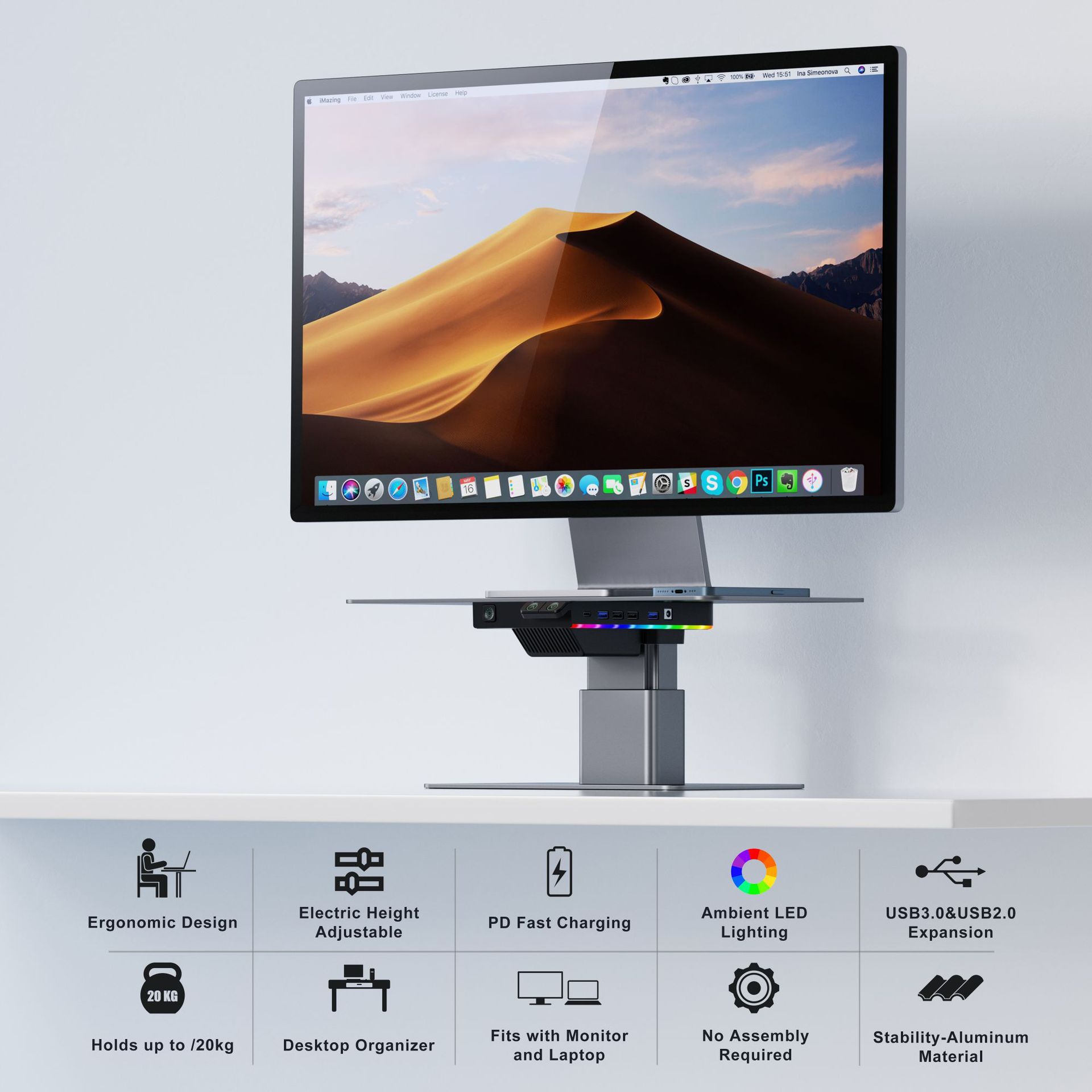 Electric Lifting Adjustment Monitor Heightening Stand Expansion Dock Computer Aluminum Alloy Stand RGBAtmosphere Light