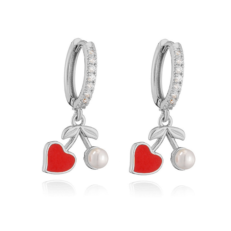 6g Weight Copper Ear Needle Material Zircon Inlay Material Charm Sleeper Hoop Earrings, Earrings Classification 1 Pair Quantity Holiday, Banquet, Daily Occasion Copper Material Cherry, Heart Shape Pattern Women's Gender Inlay Design Sweet Style 1 Pair Sweet Cherry Heart Shape Inlay Copper Zircon Earrings 14