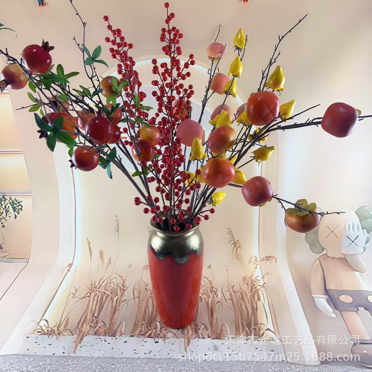 仿真花冬青红果柿子石榴苹果酒店卧室桌花橱窗摆件外贸出口
