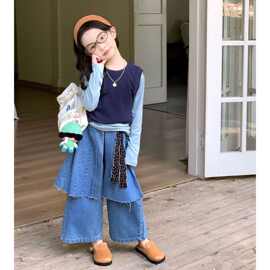 女童套装2026春秋背心打底衫两件套儿童洋气时髦牛仔裙裤三件套