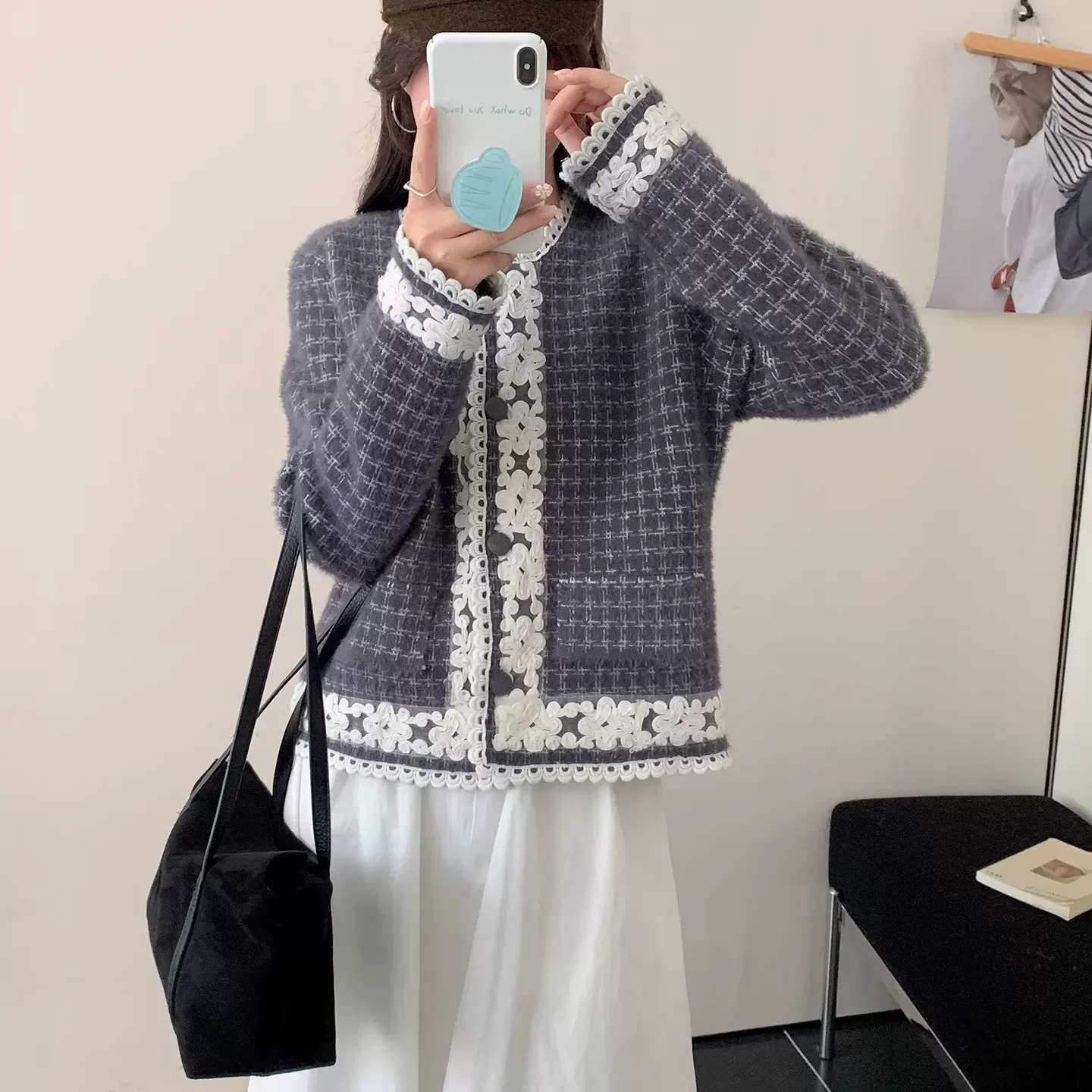 灰色小香风蕾丝拼接针织开衫女秋冬新款韩版宽松小个子外套上衣潮