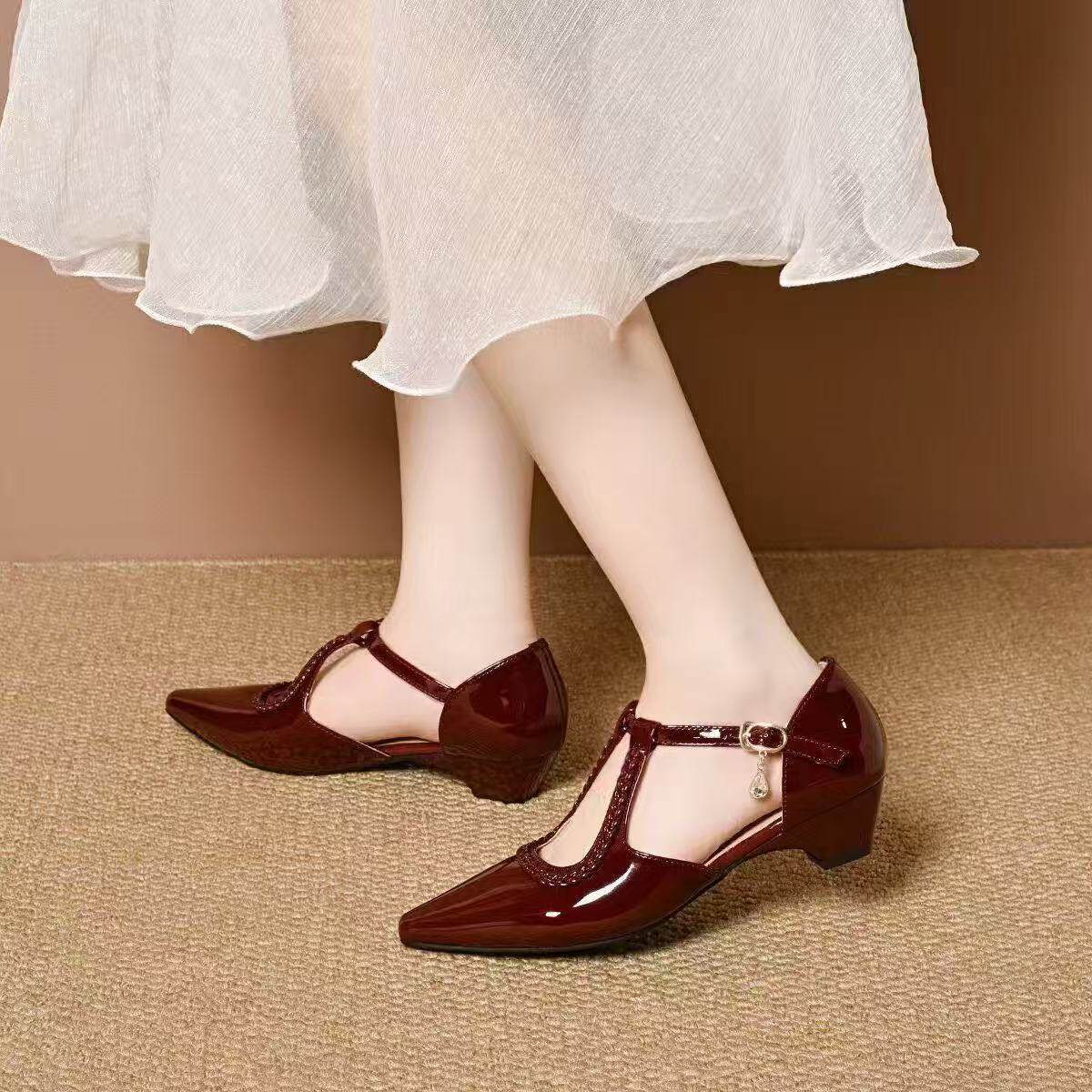 Sandal nữ mũi nhọn gót thấp da thật đế mềm hở mũi — màu be chi tiết 7