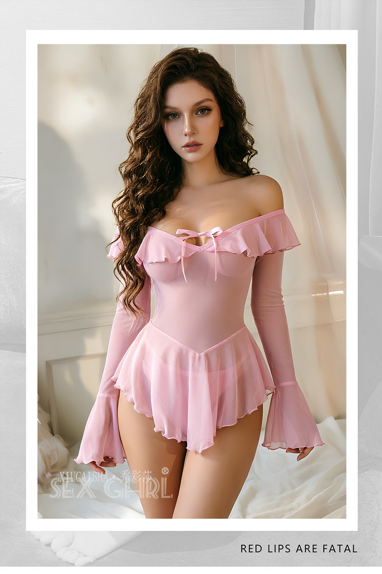 Off-Shoulder Bell-Sleeve Babydoll Lingerie Dress, Pink Mesh, XXL — detail image 16