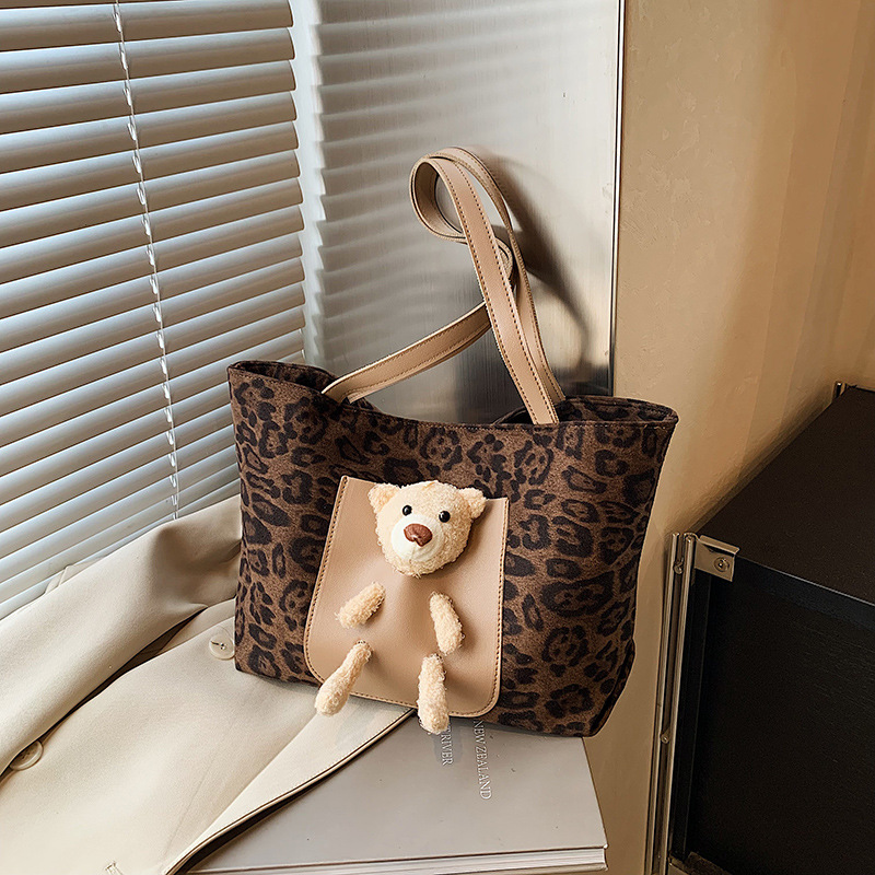 Retro estampado de leopardo de gran capacidad bolsa de tela Tote otoño-invierno muñeca oso lindo viaje bolso de hombro bolso de moda
