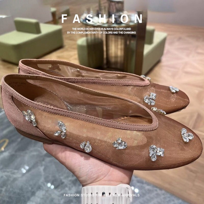 Qadın balet tərzli yastı ayaqqabı, mesh və rhinestone detallı