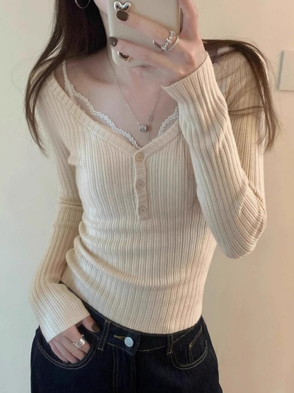 2025春季辣妹别致坑条显瘦打底上衣女早春低领露锁骨内搭针织毛衣|undefined
