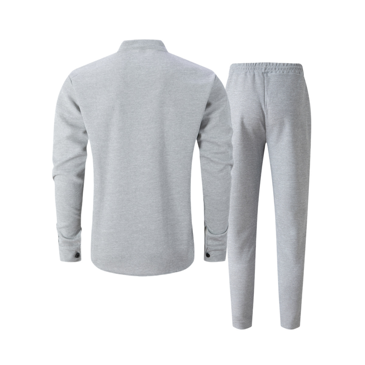 K Men's New Waffle Solid Color Stand Up Collar Cardigan Shirt Long Sleeved Pants Casual Suit_viptrois.com