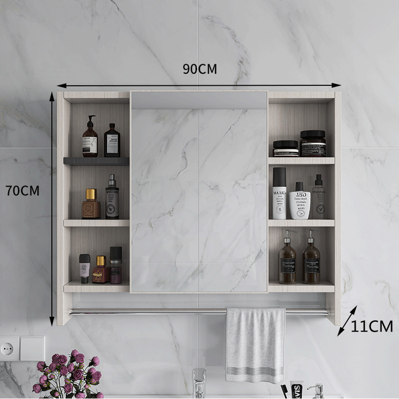 90CM Cabinet de espejo de barra de toalla de banda blanca