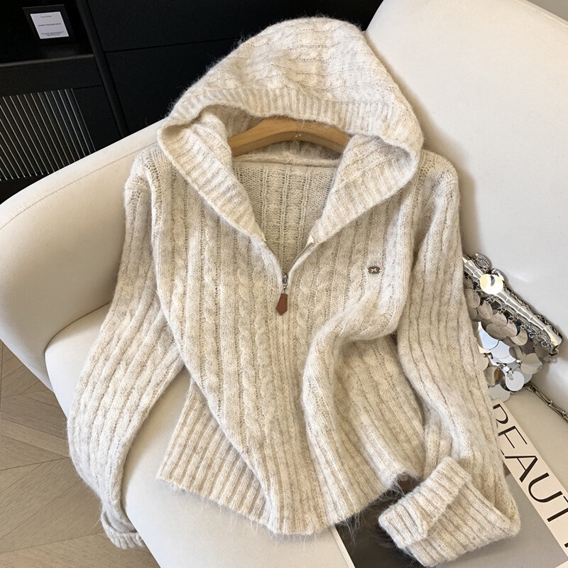 Women's sweater, cardigan, autumn and winter, half-hooded, drawstring, casual style, high-quality, soft and comfortable, long-sleeved, knitted, relaxed fit, with zipper